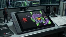 A Wacom tablet displays digital art of a robot; monitors, books, and a technical manual are on the desk alongside a small figurine.