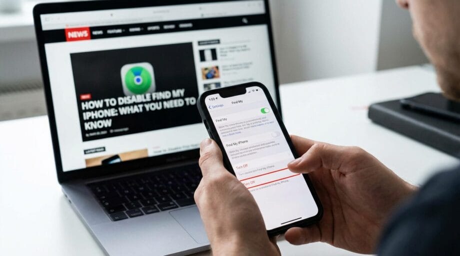 Person holding an iPhone with settings open, sitting in front of a laptop displaying a tech article about disabling Find My iPhone.