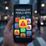 A smartphone displays warning icons and the text Fraudulent Mobile Apps on its screen; city street in the blurred background.