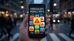 A smartphone displays warning icons and the text Fraudulent Mobile Apps on its screen; city street in the blurred background.