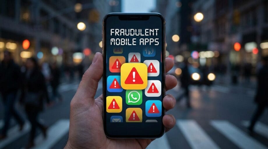 A smartphone displays warning icons and the text Fraudulent Mobile Apps on its screen; city street in the blurred background.