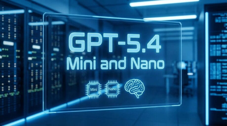 Glass display showing GPT-5.4 Mini and Nano with computer chip and brain icons in a high-tech server room.