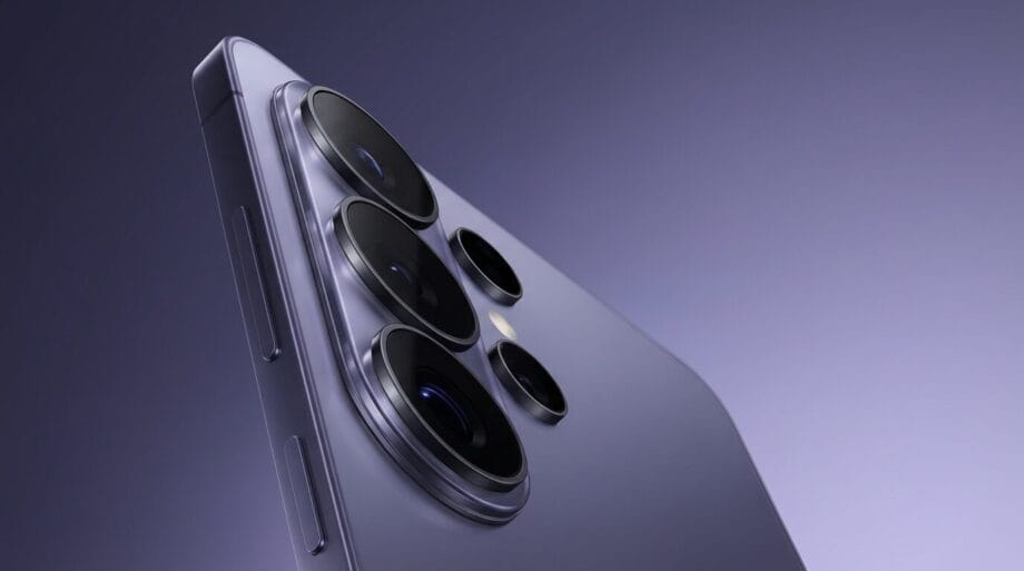 Close-up of the rear camera lenses and side buttons on a modern smartphone with a metallic finish, set against a gradient background.