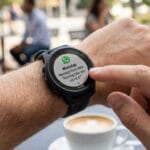 A person checks a WhatsApp message on a smartwatch while sitting at an outdoor table with a cup of coffee; people are blurred in the background.