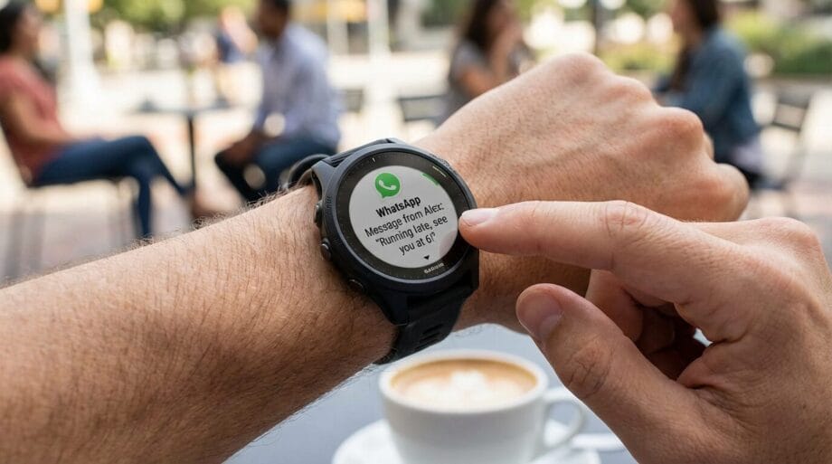 A person checks a WhatsApp message on a smartwatch while sitting at an outdoor table with a cup of coffee; people are blurred in the background.