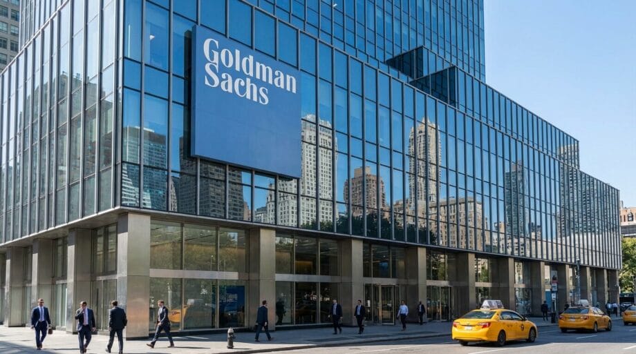 People walk outside a glass building with a large Goldman Sachs sign; yellow taxis pass by on the street in front.