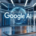 Large digital screen displaying Google AI with a globe graphic in a modern server room; several people are visible in the background.