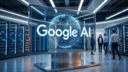 Large digital screen displaying Google AI with a globe graphic in a modern server room; several people are visible in the background.
