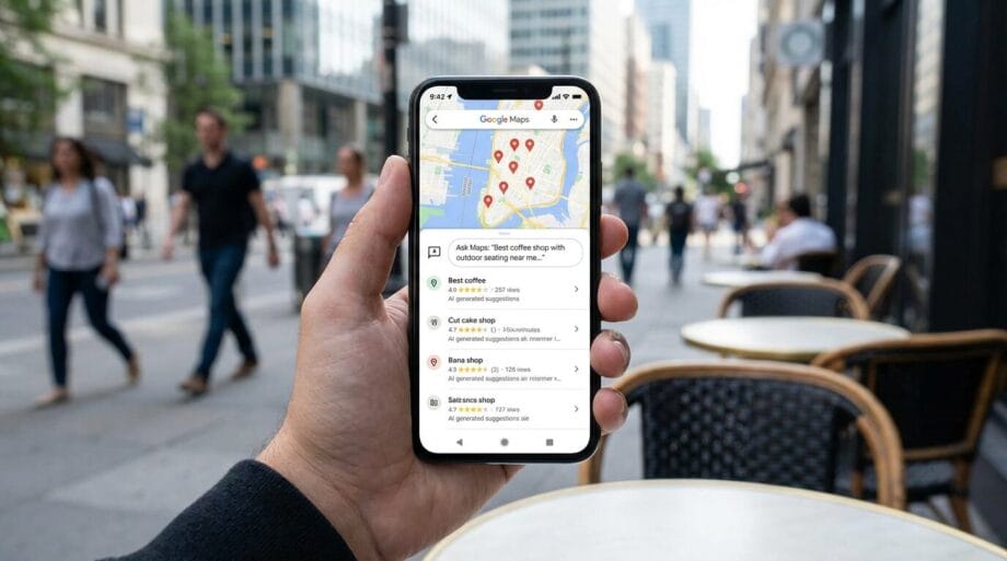 A person holds a smartphone displaying Google Maps with a list of coffee shops on a city street near outdoor caf&eacute; tables.