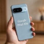 A hand holds a Google Pixel 10a smartphone in a gray case, with a blurred indoor background.