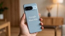 A hand holds a Google Pixel 10a smartphone in a gray case, with a blurred indoor background.