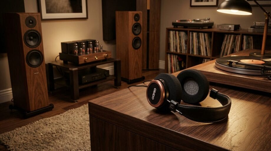 A pair of headphones rests on a wooden table in a room with speakers, vinyl records, and audio equipment.