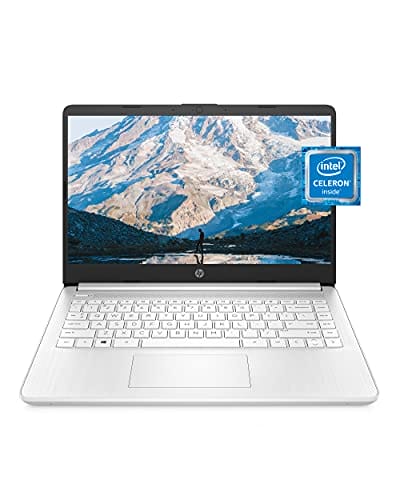 Forced to wrong size: 200x250, natural is 400x500! HP 14 Laptop, Intel Celeron N4020, 4 GB RAM, 64 GB Storage, 14-inch Micro-edge HD Display, Windows 11 Home, Thin & Portable, 4K Graphics, One Year of Microsoft 365 (14-dq0040nr, Snowflake White)