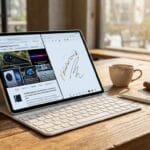 Tablet with keyboard and stylus displaying a website and a handwritten note, on a wooden table with a cup and notebook in a bright café.