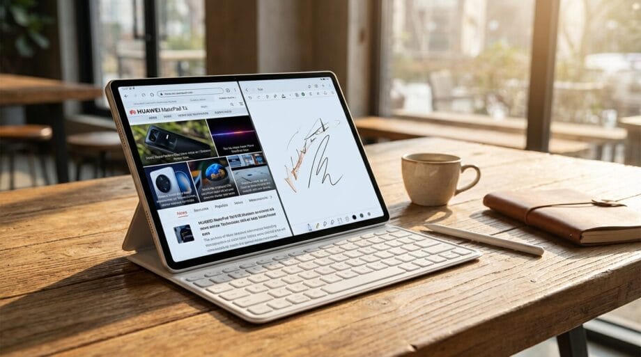 Tablet with keyboard and stylus displaying a website and a handwritten note, on a wooden table with a cup and notebook in a bright caf&eacute;.