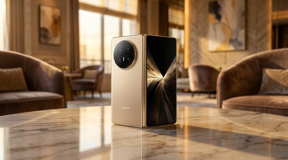 A gold smartphone stands upright on a marble table in a modern, elegantly furnished room with large windows and armchairs.