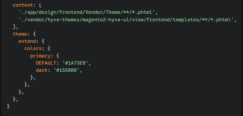 Code snippet showing a configuration file defining content paths and theme color values for primary and dark modes.
