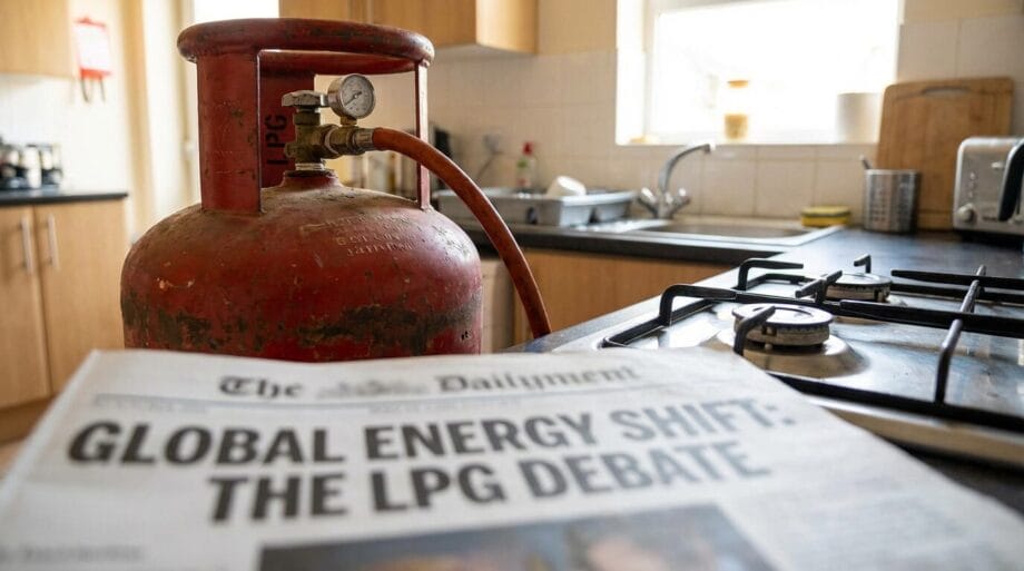 A red LPG cylinder beside a kitchen stove with a newspaper headline about the global energy shift and LPG debate in the foreground.