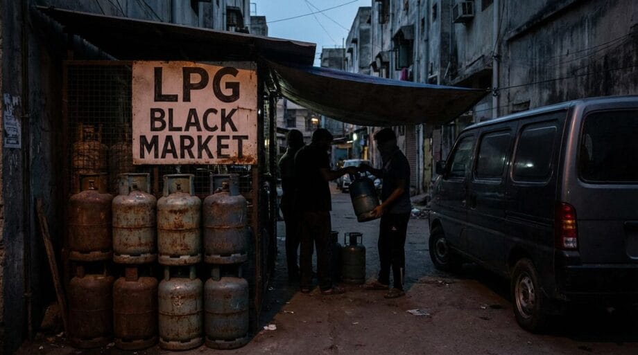 A group of people exchange LPG cylinders at a street stall labeled LPG Black Market in an urban alley at dusk.