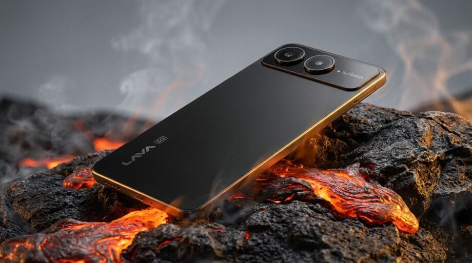 A black Lava 5G smartphone rests on top of hot, glowing lava rocks with steam rising around it.