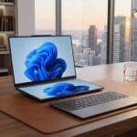 Laptop with dual screens on a desk near a window, with a lamp, glass of water, and city skyline in the background.