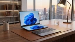 Laptop with dual screens on a desk near a window, with a lamp, glass of water, and city skyline in the background.