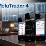 Three smartphones display MetaTrader 4 trading app screens in a modern office with monitors showing financial charts in the background.