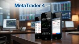 Three smartphones display MetaTrader 4 trading app screens in a modern office with monitors showing financial charts in the background.