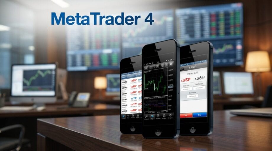 Three smartphones display MetaTrader 4 trading app screens in a modern office with monitors showing financial charts in the background.