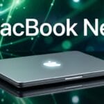 A closed MacBook with a glowing Apple logo on a reflective surface, with MacBook Neo text over a green abstract background.