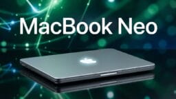 A closed MacBook with a glowing Apple logo on a reflective surface, with MacBook Neo text over a green abstract background.