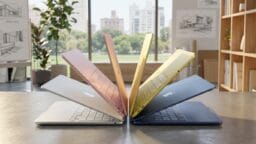 Six Apple MacBook Air laptops in different colors are arranged in a semicircle on a table in a bright, modern office.