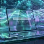 A tablet with a search bar of a media search engine on the screen sits on a glass table, surrounded by digital screens and abstract light waves.