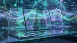 A tablet with a search bar of a media search engine on the screen sits on a glass table, surrounded by digital screens and abstract light waves.