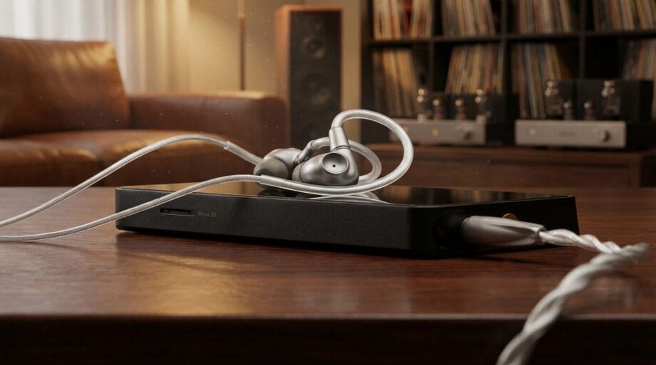 Silver in-ear headphones with a braided cable rest on a black audio device atop a wooden table in a living room with a record collection.