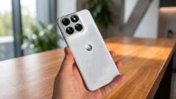 A hand holding a silver Motorola smartphone with four rear cameras, positioned indoors near a wooden table.