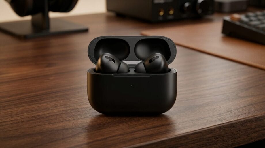 A pair of black wireless earbuds in an open charging case sits on a wooden desk with electronics in the background.