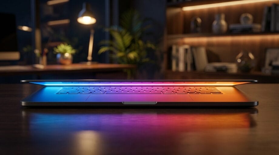 A sleek, thin laptop partially open on a desk, illuminated by a colorful gradient light in a modern, softly lit office space.