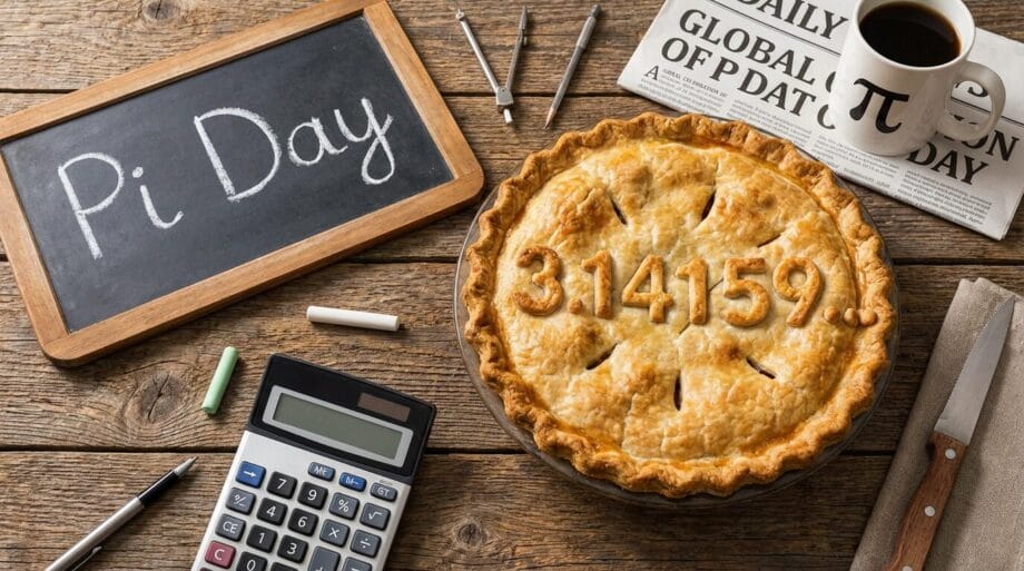 A pie with 314159&hellip; on top, a chalkboard reading Pi Day, a calculator, chalk, newspaper, and coffee on a wooden table.