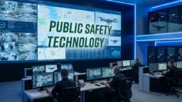 A control room with officers monitoring multiple screens displaying surveillance footage, maps, and data labeled Public Safety Technology.