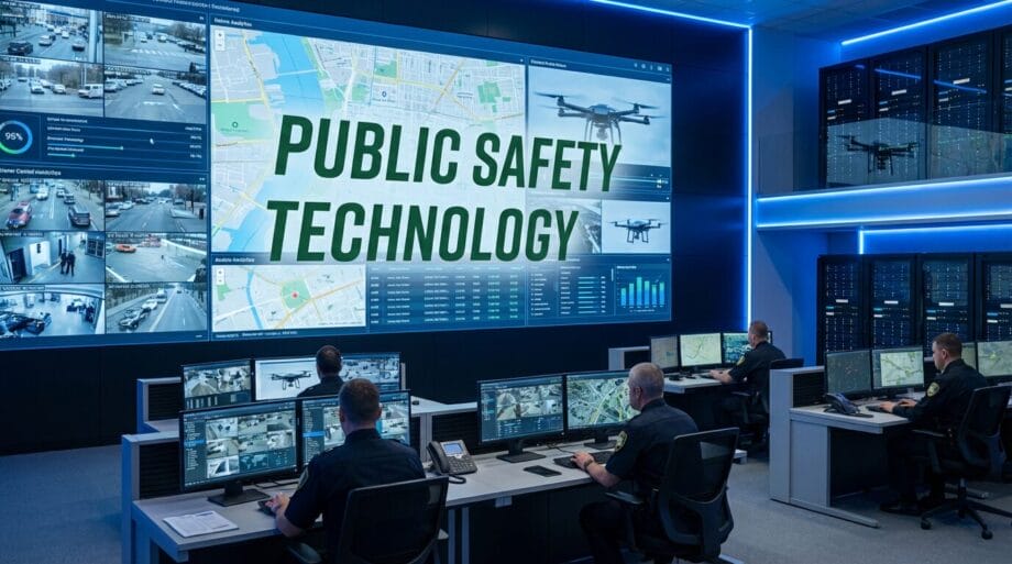 A control room with officers monitoring multiple screens displaying surveillance footage, maps, and data labeled Public Safety Technology.