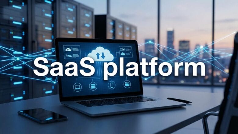 A laptop displaying a cloud network graphic on a desk in a server room, with the words SaaS platform overlaid.