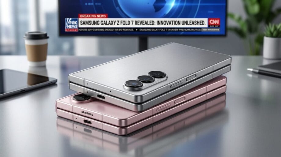 Two Samsung Galaxy Z Fold 7 phones, one silver and one pink, are stacked on a desk with news about their release on a TV in the background.