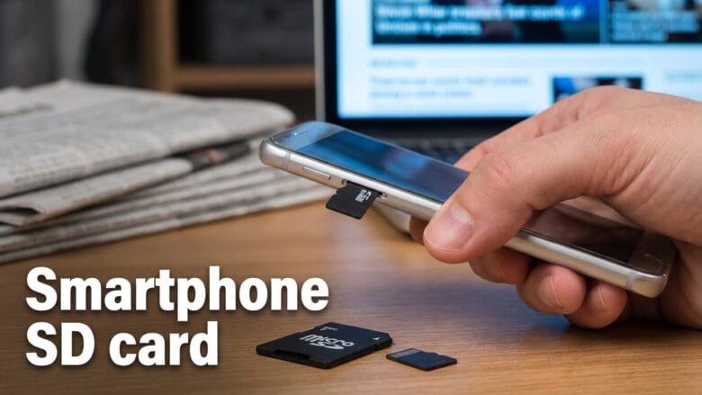 A hand inserts a microSD card into a smartphone, with a laptop, newspaper, and SD card adapter on a wooden desk.