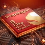 A Snapdragon 8 Elite Gen 5 processor chip sits on a circuit board with glowing copper traces in the background.