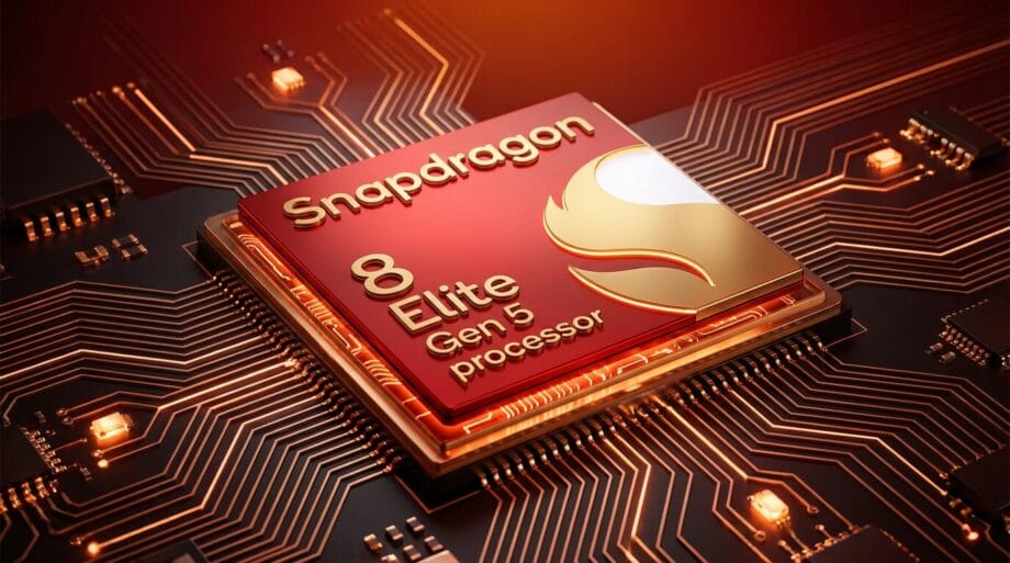 A Snapdragon 8 Elite Gen 5 processor chip sits on a circuit board with glowing copper traces in the background.
