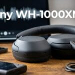 A pair of black Sony WH-1000XM6 headphones rests on a wooden surface near electronic devices, with text displaying the model name.