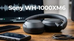A pair of black Sony WH-1000XM6 headphones rests on a wooden surface near electronic devices, with text displaying the model name.