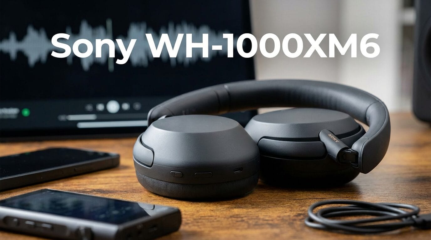 A pair of black Sony WH-1000XM6 headphones rests on a wooden surface near electronic devices, with text displaying the model name.