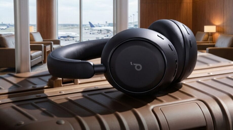 Black over-ear headphones rest on a suitcase in an airport lounge with planes visible through large windows in the background.
